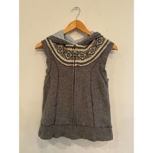 Free People Gray Hooded Vest with Patterned Yoke